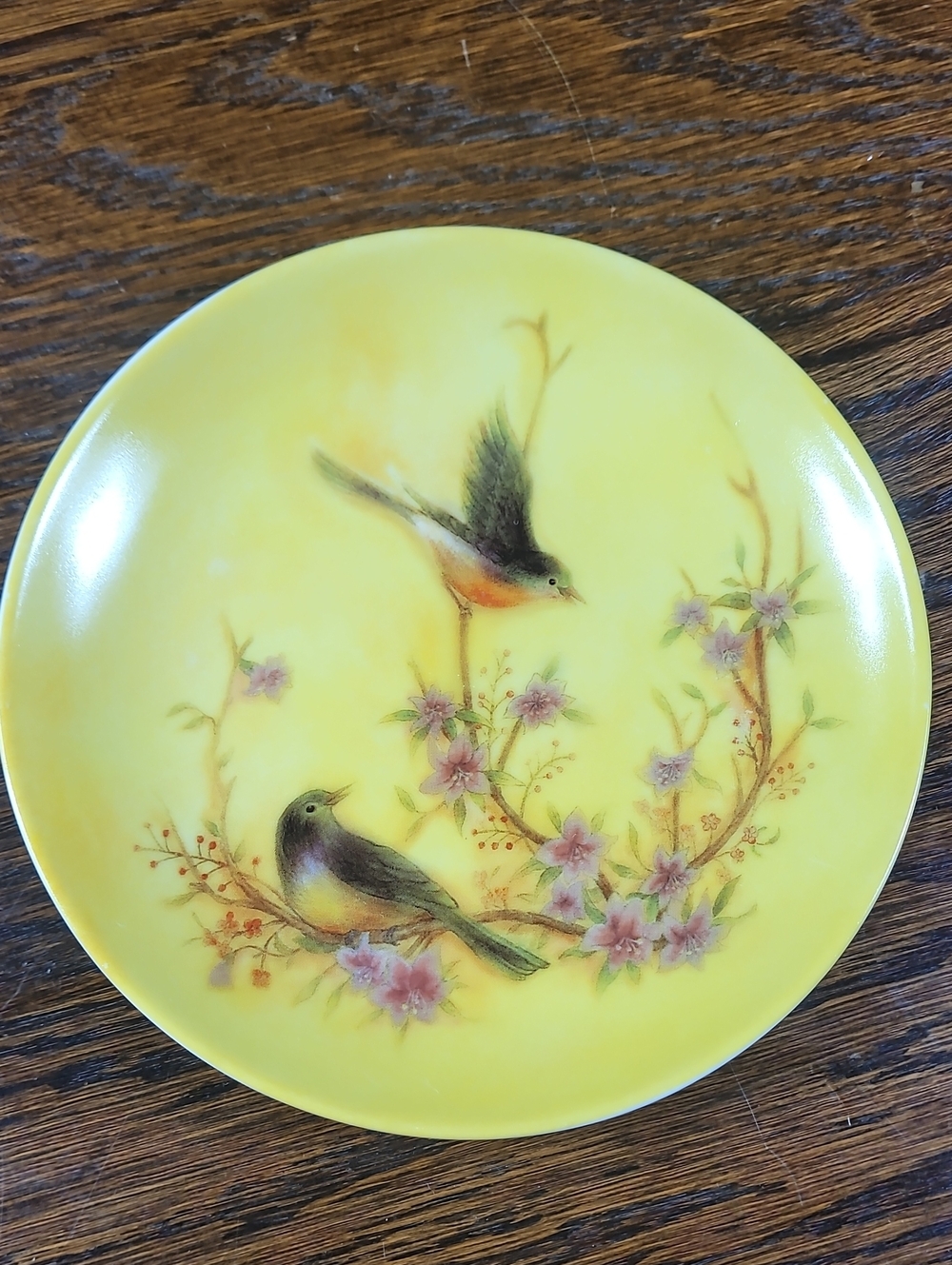 Vintage Yellow Bird Cherry Blossom Ceramic Plate Trinket Dish Whimsical